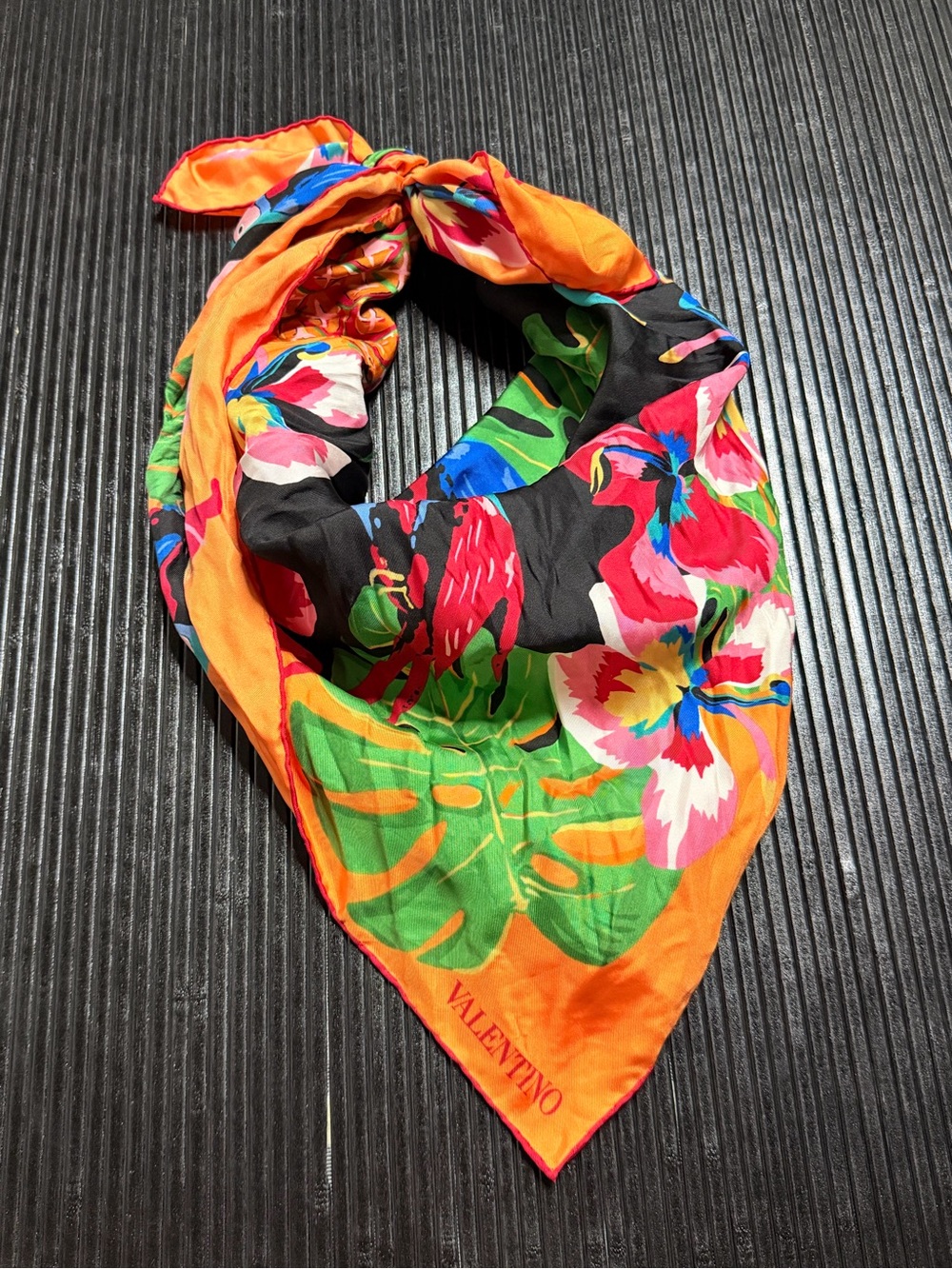 Valentino Bright Orange Tropical Floral Silk Scarf